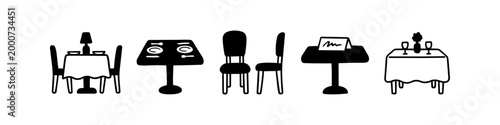 Set of minimalist black and white restaurant dining icons, including tables, chairs, place settings, and a reserved sign. Perfect for cafe, bistro, and hospitality design projects.