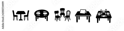 Set of minimalist black and white restaurant dining icons featuring tables, chairs, place settings, and a reserved sign for cafe or bistro business themes.
