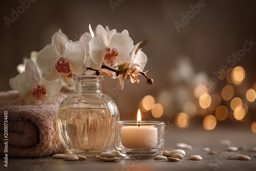 Serene Spa Ambiance: An inviting still life with orchid blossoms, aromatic oil, a lit candle, and a rolled towel evokes a sense of tranquility.