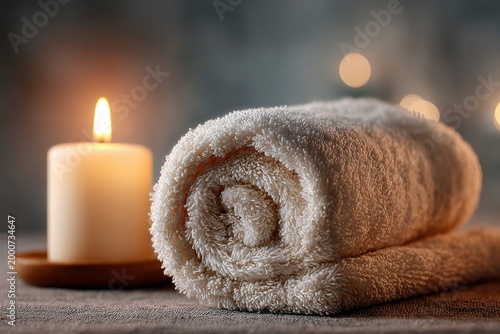 Serene Spa Ambiance: Soft towels, illuminated by the gentle glow of a candle, create a tranquil spa scene, evoking relaxation and well-being.