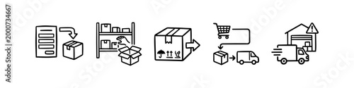 Hand-drawn line art icons illustrating the logistics process from order processing and warehouse picking to packaging and final delivery by truck.