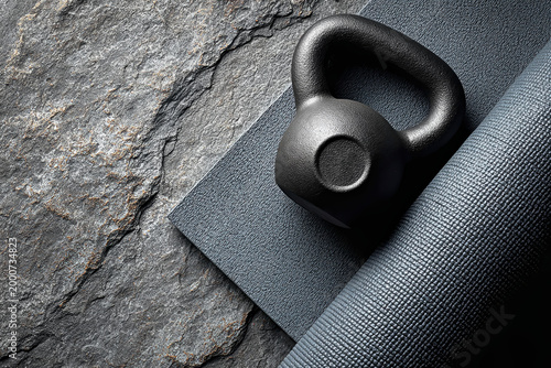 Strength in Stillness: A stark, yet elegant display of fitness equipment on a textured slate background, signifying strength and endurance.
