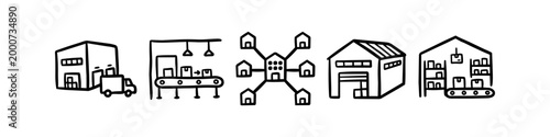 Set of hand-drawn doodle icons representing logistics, warehouse management, and supply chain operations, including storage, delivery trucks, conveyor belts, and distribution networks.