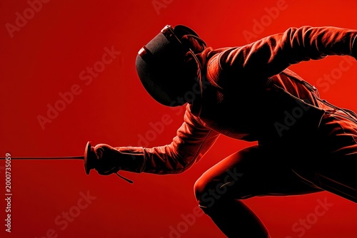 Fencer in Action: Dynamic silhouette of a focused fencer poised in a moment of intense concentration against a vivid red backdrop.
