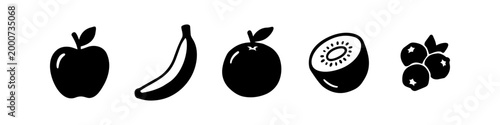 Set of minimalist black fruit icons including apple, banana, orange, kiwi, and blueberries. Vector illustration of healthy food symbols isolated on a white background.