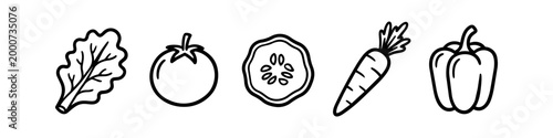 A minimalist set of black and white line art vegetable icons including lettuce leaf, tomato, cucumber slice, carrot, and bell pepper, ideal for food-related designs and healthy eating concepts.
