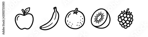 A set of five minimalist fruit line art icons including an apple, banana, orange, kiwi, and raspberry. Perfect for healthy eating designs, menus, and educational materials.