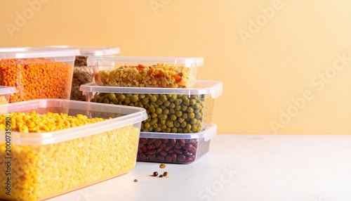 Clear plastic containers filled with various dehydrated food components, organized and stacked for efficient long term meal preparation or emergency survival food supply storage solutions.
