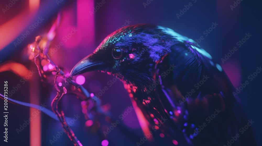 Fototapeta premium Digital raven, neon lights, close-up, artistic
