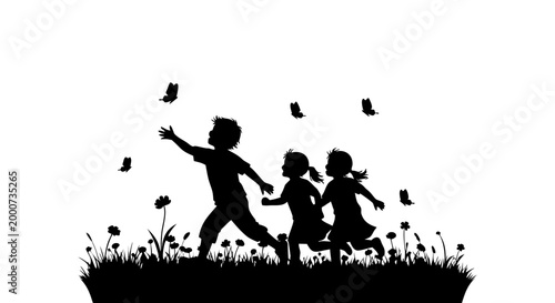 A happy family with a mother, boy, and children play with a ball and jump on the green grass of a park during a sunset silhouette vector illustration of summer nature