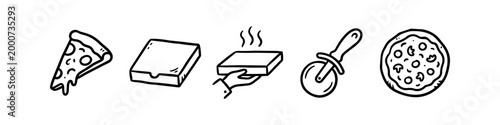 Hand-drawn pizza icons set featuring a slice, cardboard box, delivery hand, cutter, and whole pizza. Minimalist black and white doodle style ideal for restaurant menus and food service branding.