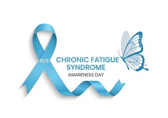 Light blue ribbon with CFS Chronic Fatigue Syndrome Awareness Day text and butterfly on white background