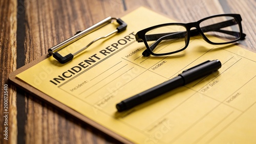 A yellow incident report form on a clipboard with a pen and glasses on a wooden desk.