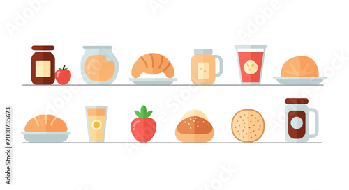 Photos A delightful assortment of breakfast pastries, jams, and beverages displayed on