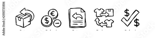 Set of hand-drawn e-commerce return and refund icons. Black doodle sketches including return package, money back, return policy, product exchange, and payment confirmation.