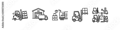 Set of hand-drawn doodle icons representing logistics, warehousing, and shipping, featuring forklifts, delivery trucks, and cargo boxes on a clean white background.