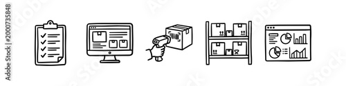 Set of hand-drawn logistics and inventory management icons including a clipboard checklist, e-commerce monitor, barcode scanner, warehouse shelf, and data analytics dashboard.