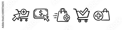 Set of hand-drawn doodle icons for online shopping and e-commerce. Features minimalist line art of shopping carts, bags, money, and cursors, perfect for retail and digital marketing designs.