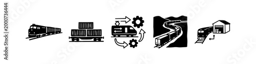 A collection of five hand-drawn black and white icons representing rail freight, logistics, train maintenance, and cargo transportation through various landscapes and depots.