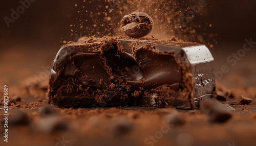 Dark Chocolate Bar Breaking Apart with Cocoa Powder Explosion and Flying Chunks on Brown Background Macro Shot