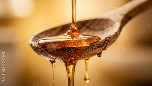 Golden Honey Dripping and Flowing Over Rustic Wooden Spoon on Warm Golden Background Macro Close Up