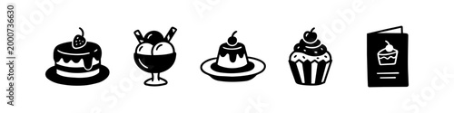 Set of hand-drawn dessert icons in black silhouette style featuring cake, ice cream, pudding, cupcake, and a menu. Perfect for bakery logos, cafe menus, and culinary designs.