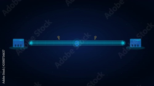 High-tech motion graphic showing a secure encrypted tunnel connecting two servers with digital keys and a shield icon representing data privacy.