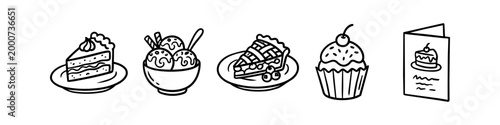 Set of hand-drawn dessert icons featuring cake, ice cream, pie, cupcake, and a menu. Minimalist black and white doodle style for bakery, cafe, or restaurant branding and design.