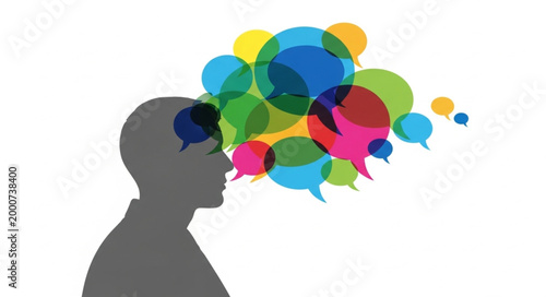 Silhouette of a man with colorful speech bubbles emanating from his head.