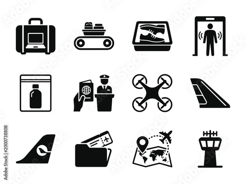 Pilot Control Tower And Airport Transit Silhouette Icons