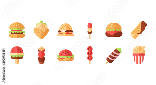 Collection of colorful flat icons representing various delicious fast food items and treats, perfect for culinary themes and branding