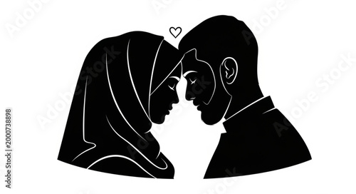 Silhouette of a loving couple with a heart symbol above their heads.