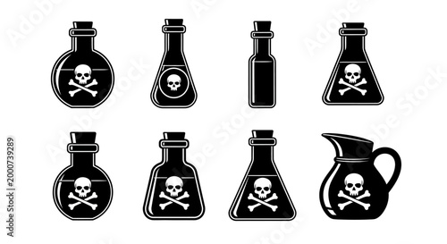 Collection of Poison Bottles with Skull and Crossbones Symbol