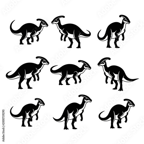 Collection of Parasaurolophus Dinosaurs Silhouettes on White Background