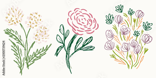 three floral clusters with delicate leaves and petals on light background high quality professional detailed