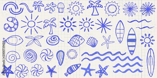 hand drawn beach doodles in blue ink on light blue grid paper high quality professional