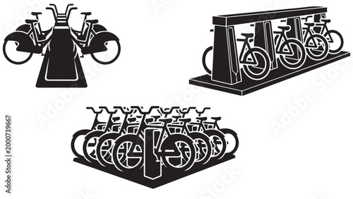Bike parking rack silhouettes isolated on black background with multiple bicycle storage angles
