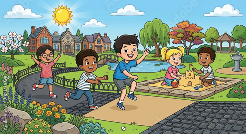happy kids playing in a beautiful park with sandcastle pond and bridge illustration
