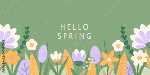 hello spring text with colorful flowers on green background high quality professional detailed modern elegant
