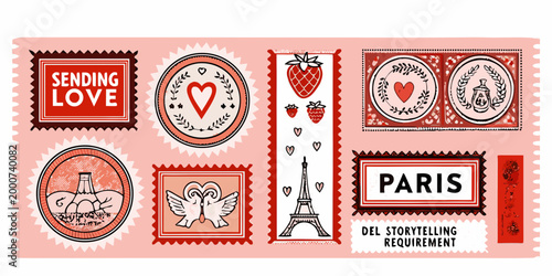 vintage stamps featuring hearts strawberries paris and love messages on pink background high quality professional