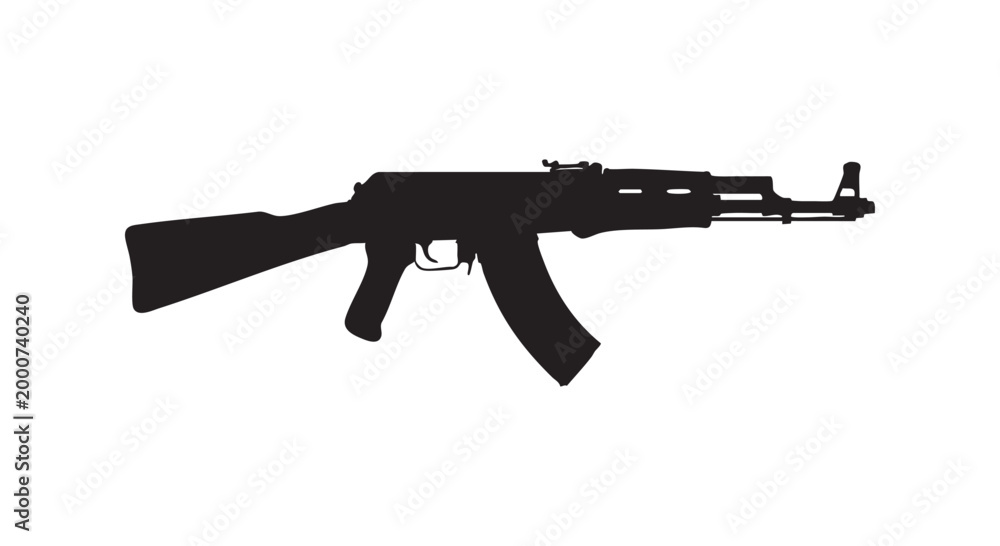 Fototapeta premium Silhouette illustration of ak rifle isolated on white background for concept art or game design asset collection.
