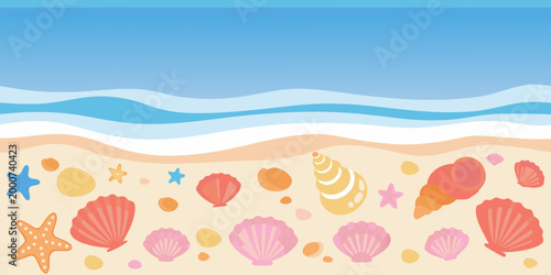 beach scene with colorful shells starfish and waves on sandy shore high quality professional detailed