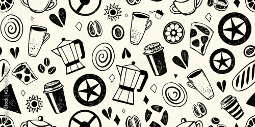 coffee themed doodle pattern with cups beans and stars on cream background high quality professional