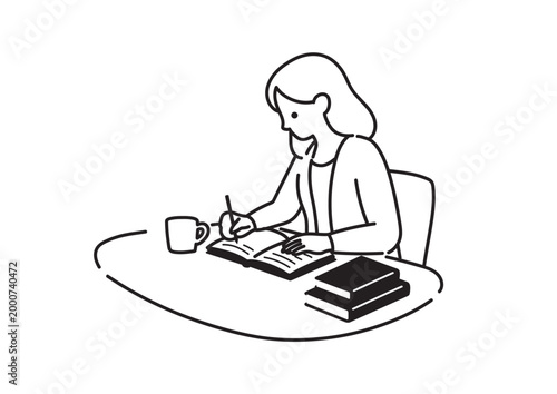 デスクでノートに書き込みをする女性のモノクロイラスト 勉強 執筆 ベクター