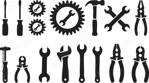 Industrial hand tool icon set with wrenches hammer pliers and screwdrivers
