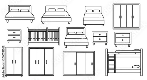 Bedroom Furniture CAD Blocks Elevation Set with Beds, Wardrobes, Nightstands and Bunk Bed Layout Elements