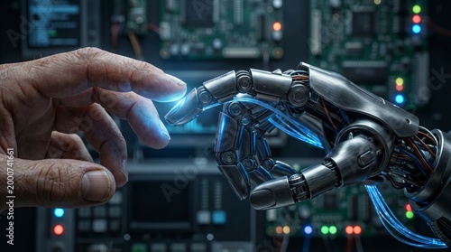 human hand touching robotic hand with glowing blue circuit in background