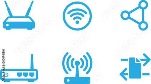 Vászonkép Wireless network and connectivity icons set with wifi router signal sharing data