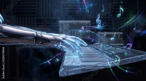 Robotic arm playing piano with musical notes in dark studio