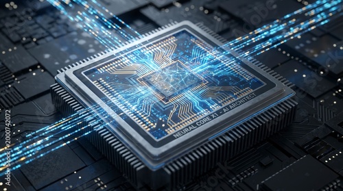 Close-up of a microchip with glowing blue circuits on a dark background